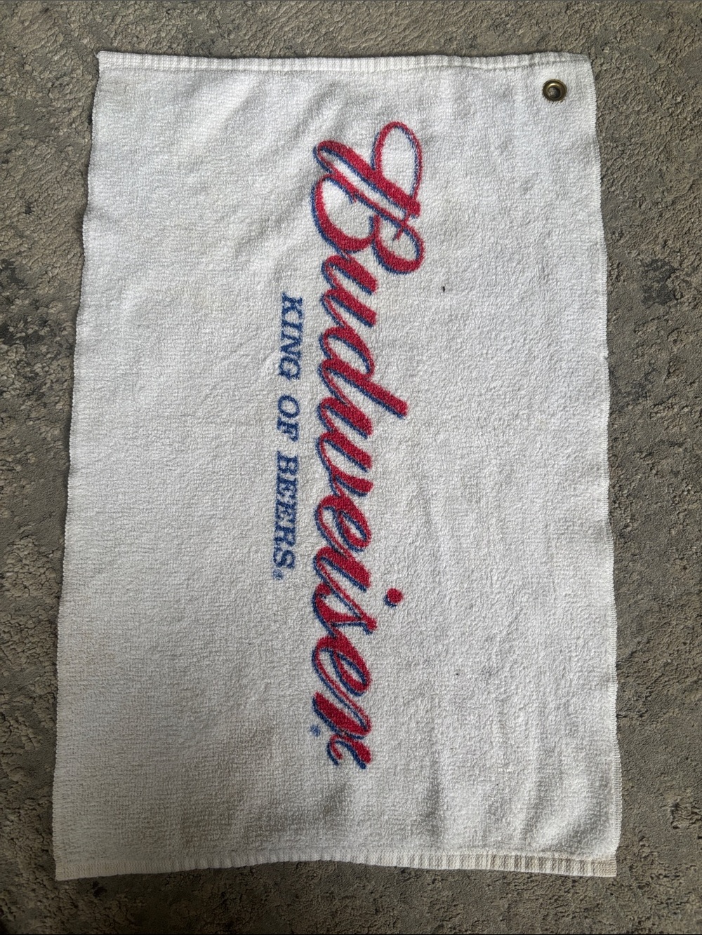 VINTAGE Budweiser White golf Towel with Red and Blue Script Logo